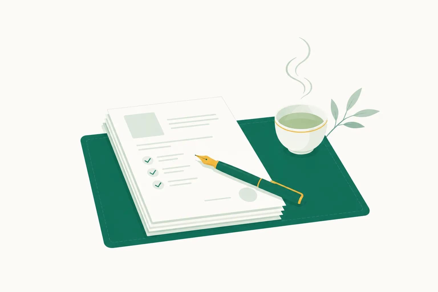 Bureau minimaliste avec contrats imprimés, stylo, tasse : ambiance solo accompagné.